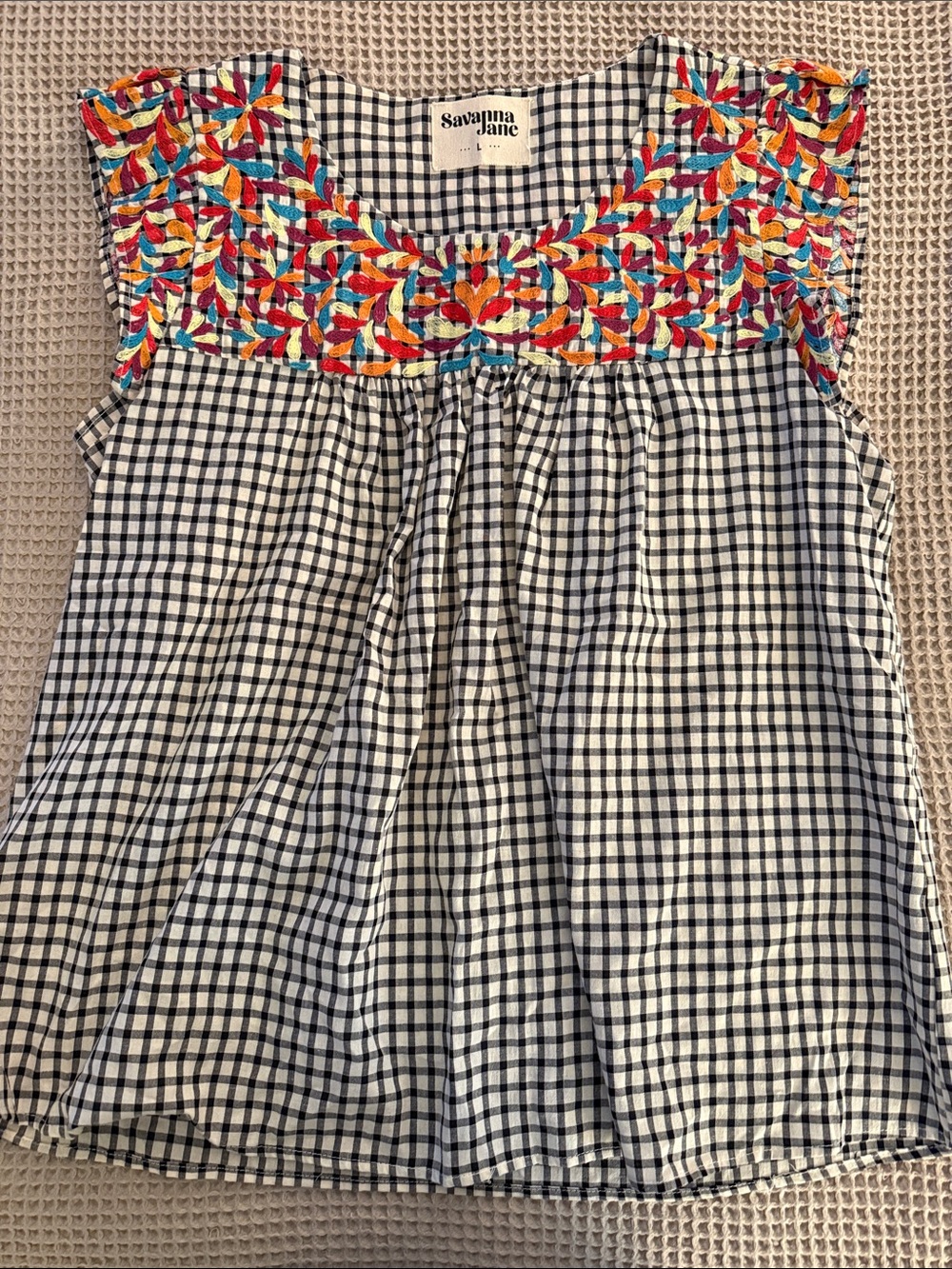 Savanna Jane Black & White Gingham Top with Multicolor Embroidery